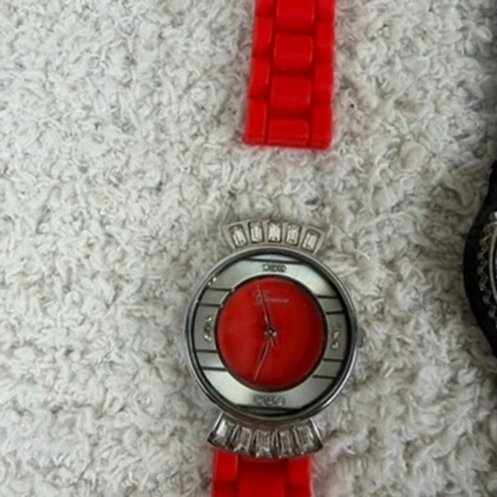 Geneva Women Silicone Band Watch Lot Red Black Brown Rhinestone Bezel 3pc Bundle